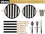 Serve25 175Pcs Black & White Striped Party Supplies - 9" & 7" Striped Paper Plates, Napkins, Cups, Cutlery for Black & White Birthday Party Decorations