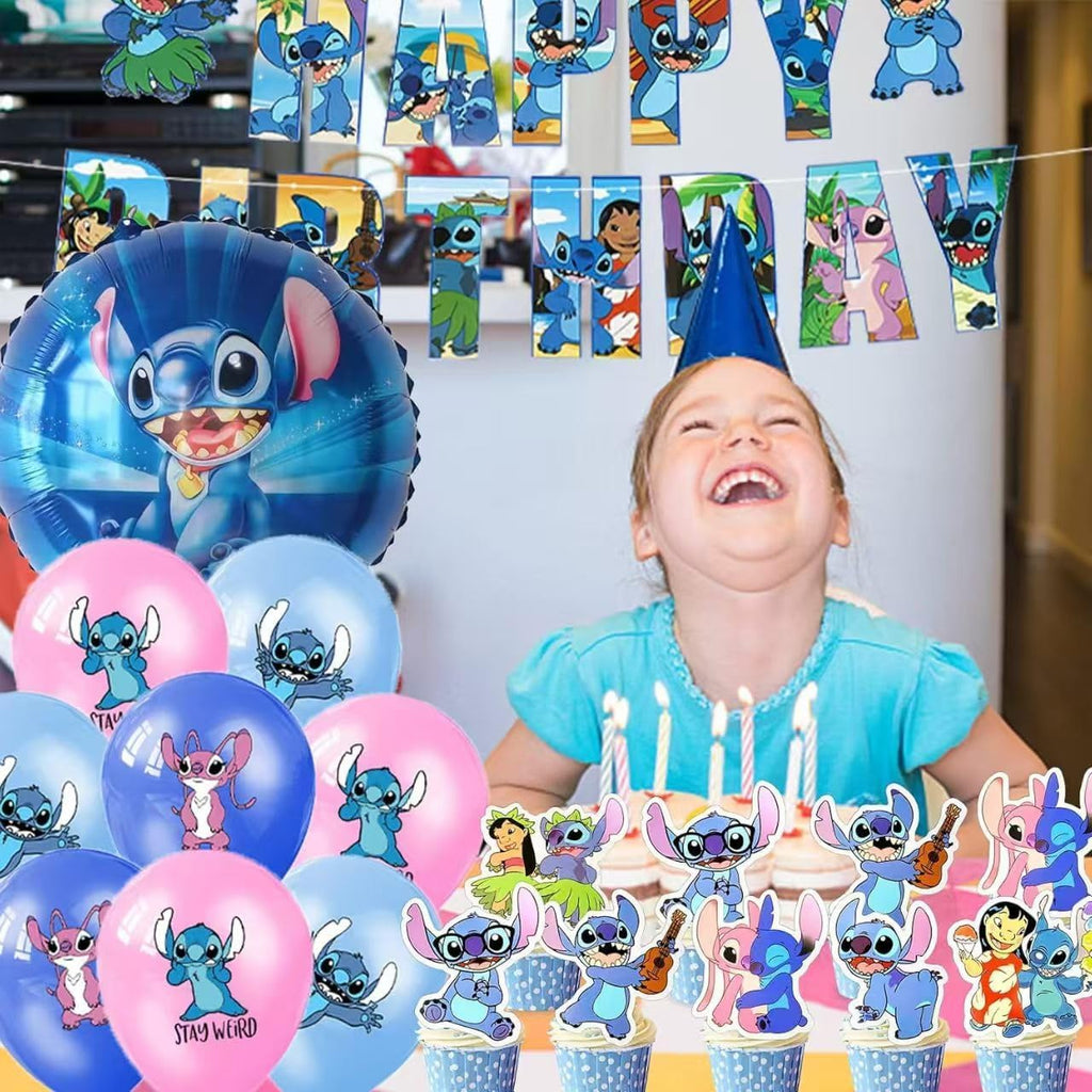 Stitch Party Supplies, 39PCS Birthday Decorations Set Include Banner, Balloons, Cake Cupcake Toppers, for Boys Girls Stitch