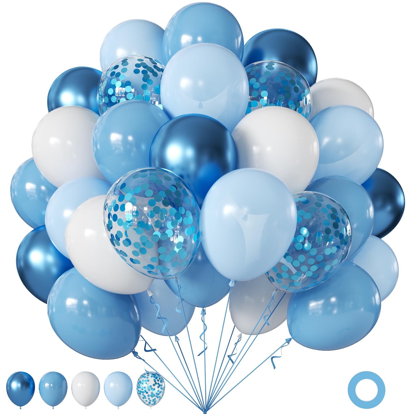 60Pc 12Inch Navy Blue, White and Gold Balloons with Metallic Gold Confetti Balloon