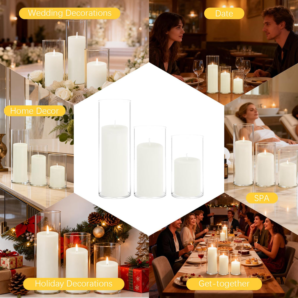 12-Pack Pillar Candles & 12-Pack Glass Cylinder Hurricane Candles Decor Set-Mixed Heights