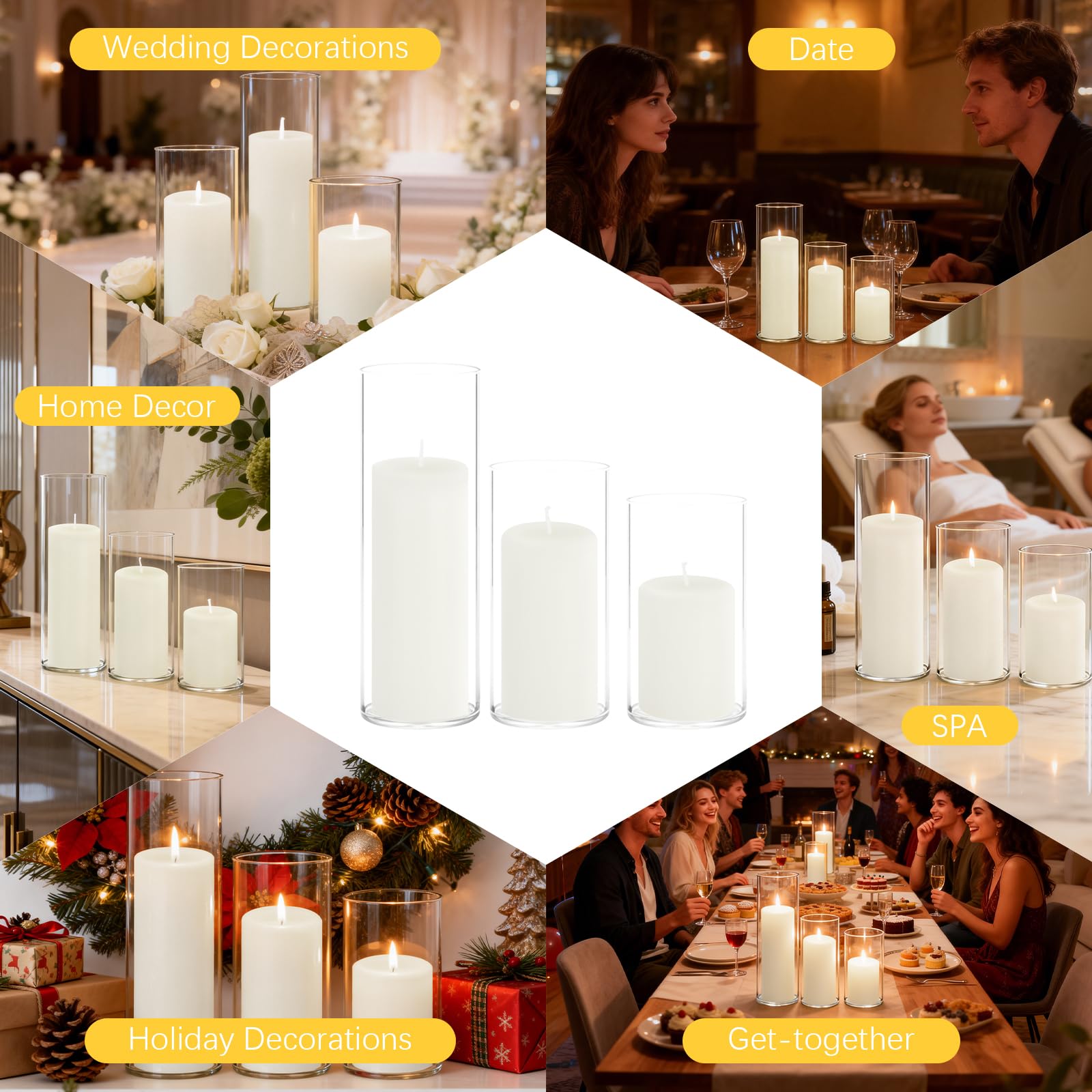 12-Pack Pillar Candles & 12-Pack Glass Cylinder Hurricane Candles Decor Set-Mixed Heights