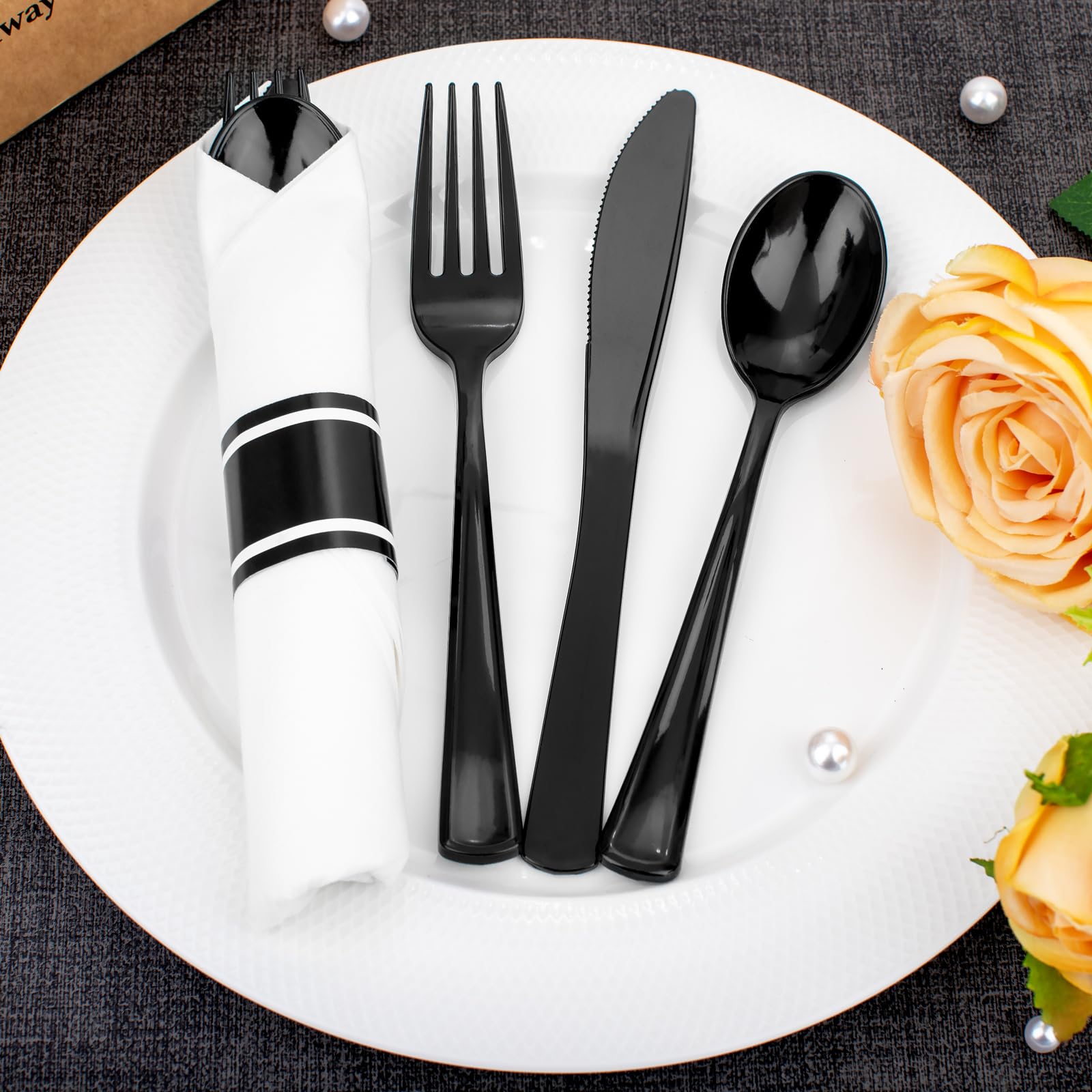 120 Pack Black Plastic Silverware Rolled Silverware Disposable | Pre Rolled Silverware Set Disposable Wrapped Cutlery Set for Catering, Parties, Wedding, Birthday& Special Events