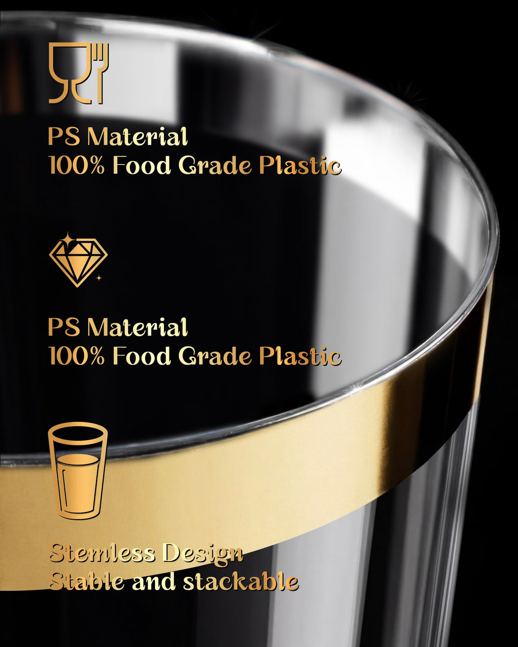 Nervure 120PC 9Oz Gold Rimmed Plastic Cups - Heavy Duty plastic