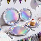 Purple Iridescent Paper Plates & Napkins Set, 75pcs Disposable Party Tableware with 9" Dinner Plates, 7" Dessert Plates & 6.5" Napkins, Holographic Dot Design for Birthday, Music Theme, Night Party