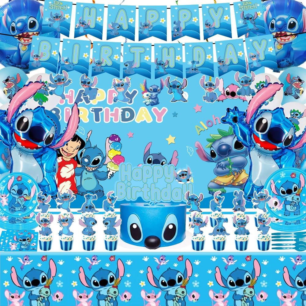 Blue Cartoon Theme Birthday Party Supplies Decorations, Including Birthday Banner, Tablecloth, Backdrop, Hanging Swirls, Balloons, Cake Toppers, Plates, Forks, Spoons for kawaii Party