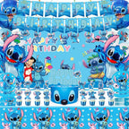 Blue Cartoon Theme Birthday Party Supplies Decorations, Including Birthday Banner, Tablecloth, Backdrop, Hanging Swirls, Balloons, Cake Toppers, Plates, Forks, Spoons for kawaii Party