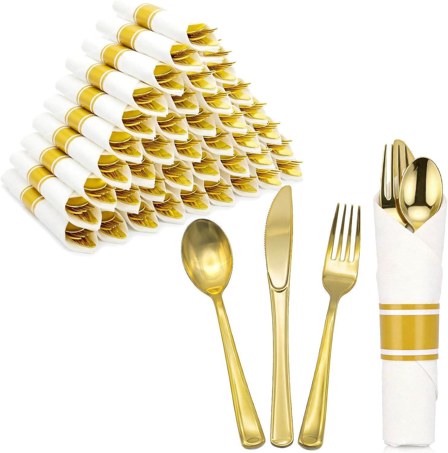 Gold Plastic Silverware 50 Guests Wrapped Cutlery Set Disposable | Pre Rolled Silverware Set Include 50 Forks,50 Knives,50 Spoons and 50 Napkins Heavy Duty Disposable Utensils for Party