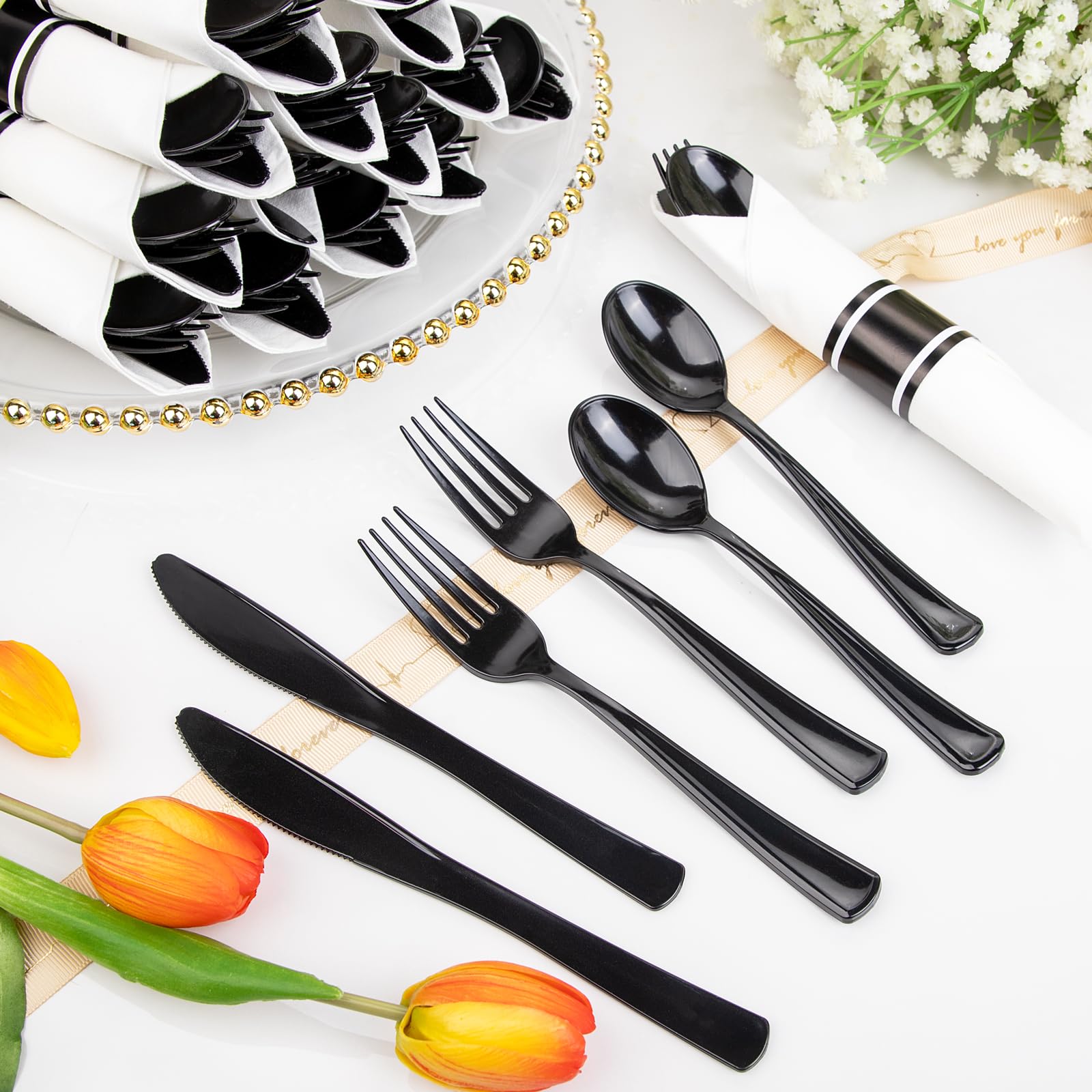 120 Pack Black Plastic Silverware Rolled Silverware Disposable | Pre Rolled Silverware Set Disposable Wrapped Cutlery Set for Catering, Parties, Wedding, Birthday& Special Events