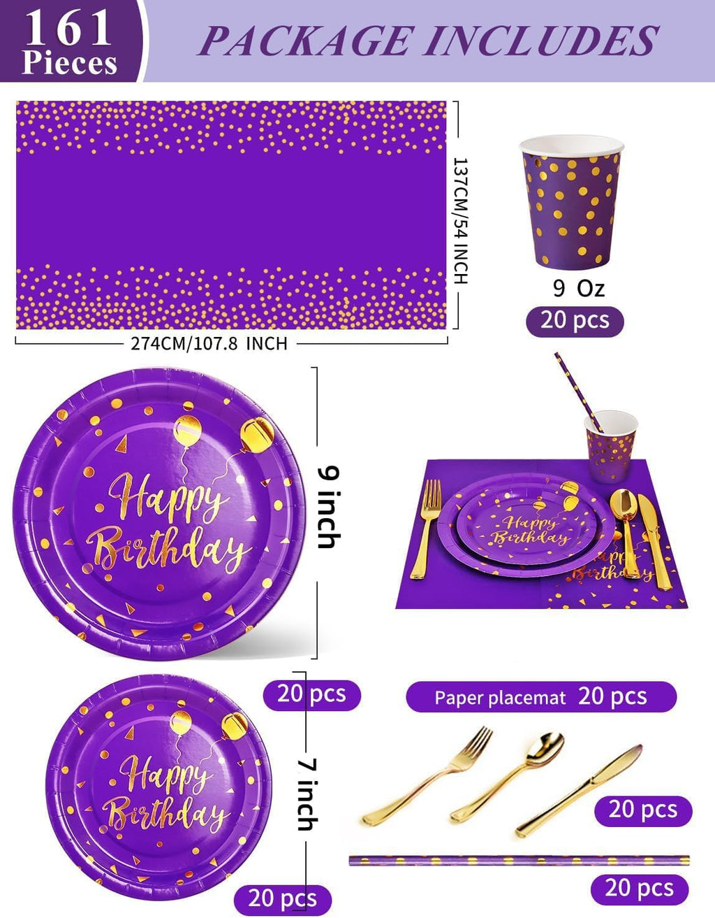 Nkaiso 161 Pcs Purple Gold Birthday Plates and Napkins Set -20 Serves | Party Supplies Set with Paper Plates Cups Napkins & Silverware, for Birthday Party Decorations