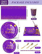 Nkaiso 161 Pcs Purple Gold Birthday Plates and Napkins Set -20 Serves | Party Supplies Set with Paper Plates Cups Napkins & Silverware, for Birthday Party Decorations