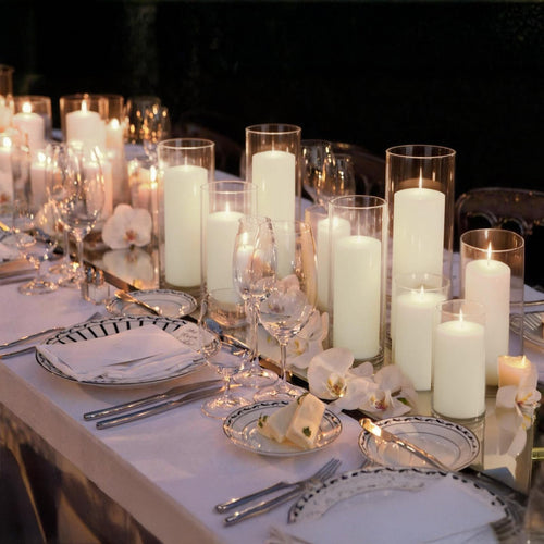 12-Pack Pillar Candles & 12-Pack Glass Cylinder Hurricane Candles Decor Set-Mixed Heights