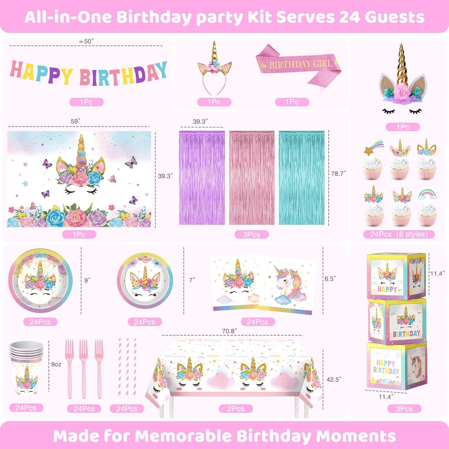 Hand-Drawn Mermaid Birthday Decorations, Under the Sea Party Supplies Kit (Unicorn Birthday)
