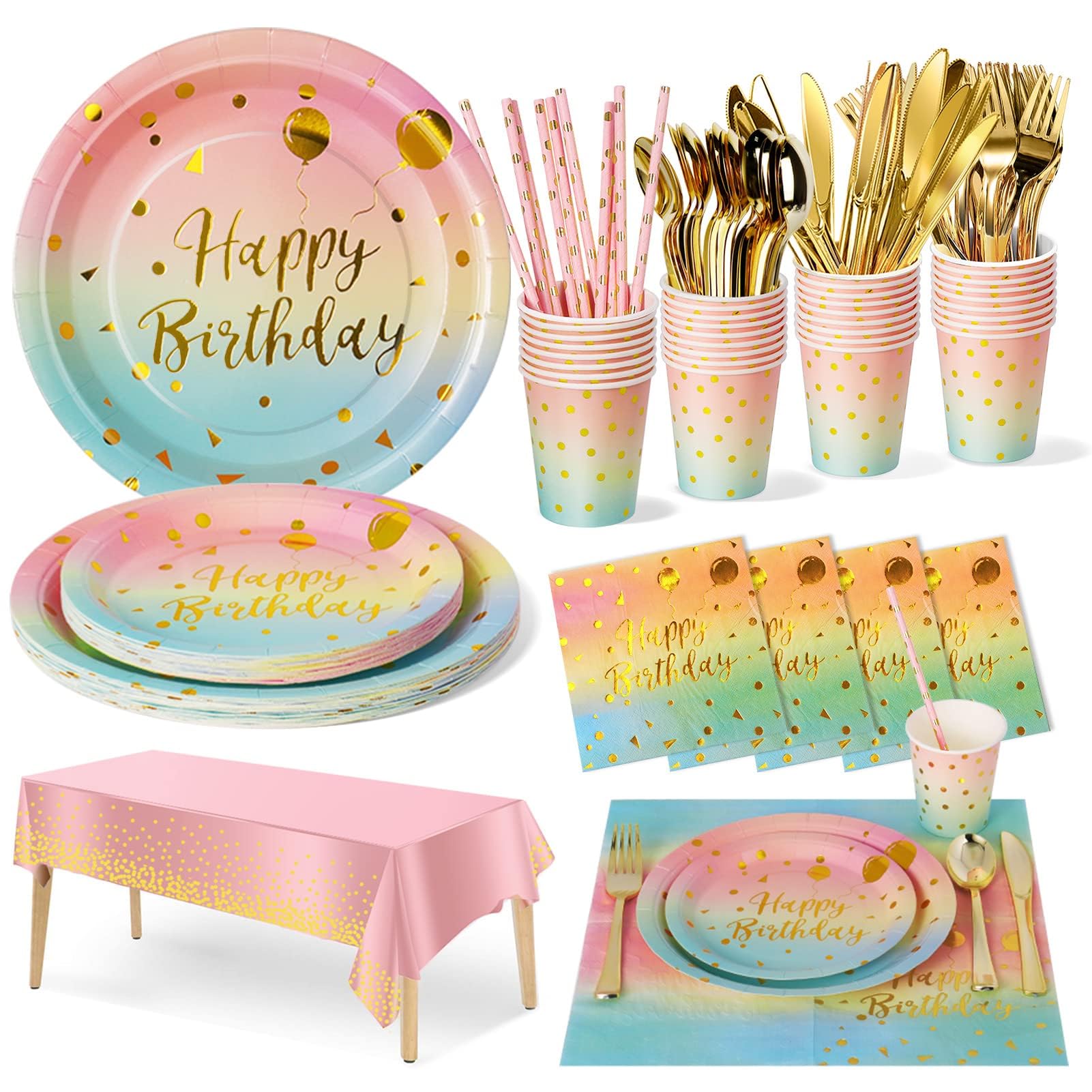 Nkaiso 161 Pcs Purple Gold Birthday Plates and Napkins Set -20 Serves | Party Supplies Set with Paper Plates Cups Napkins & Silverware, for Birthday Party Decorations