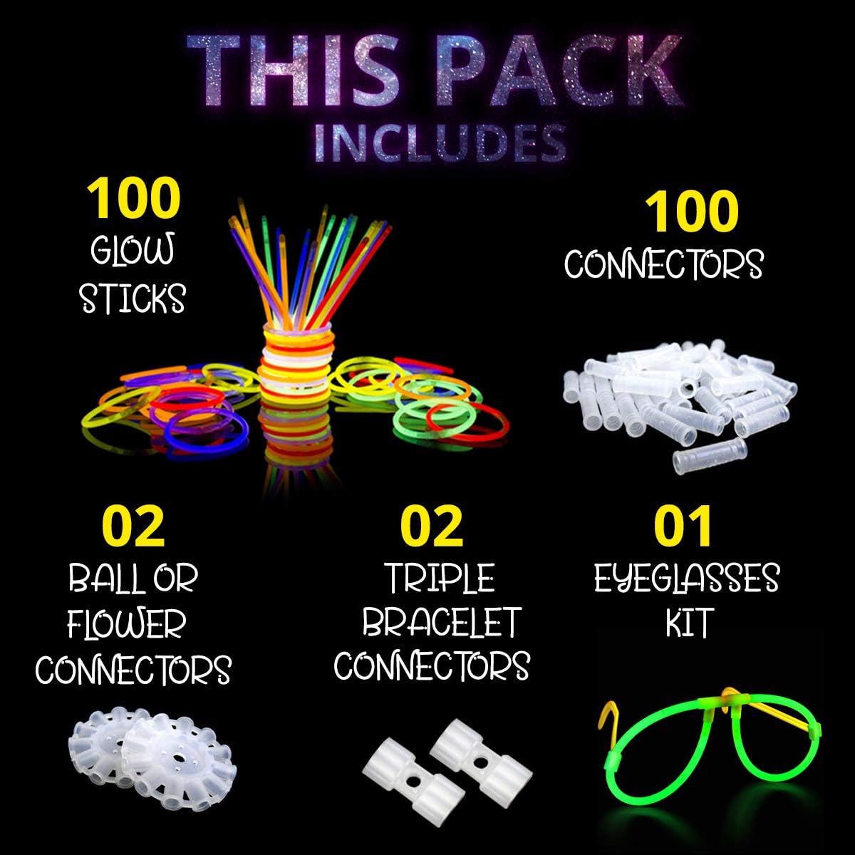 Ammy Glow Glow Sticks (205 Pcs Kit) Bulk Party Pack