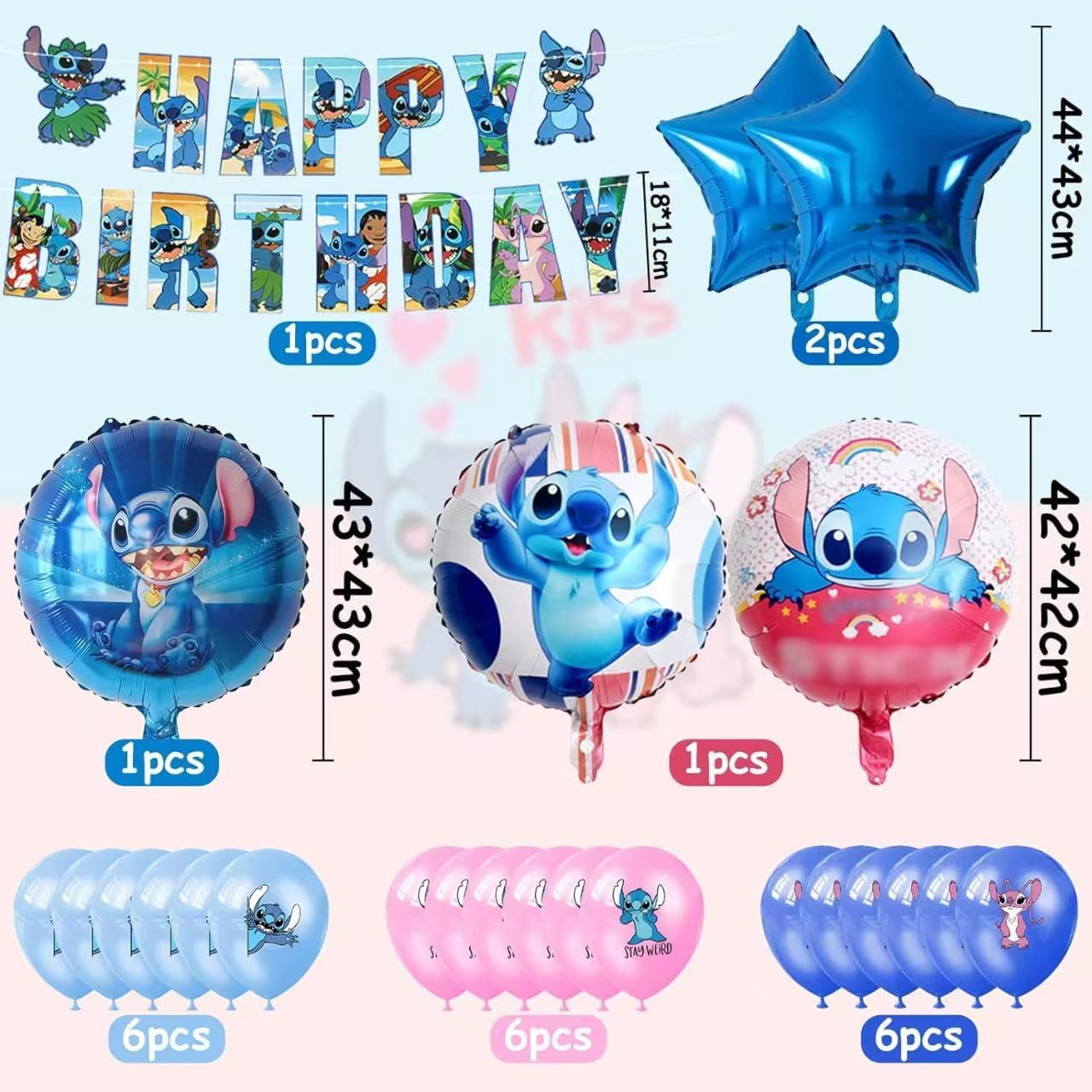 Stitch Party Supplies, 39PCS Birthday Decorations Set Include Banner, Balloons, Cake Cupcake Toppers, for Boys Girls Stitch