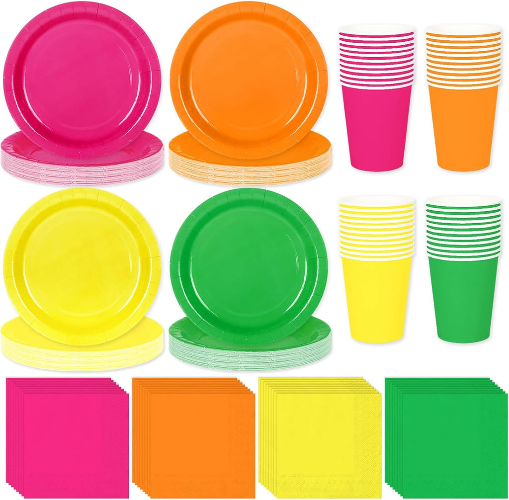 Whaline 244 Pcs Neon Party Supplies Set Include 7 & 9 Inch Rainbow Color Paper Plates Napkins 9oz Cups Disposable Dinnerware for Neon Glow Birthday Baby Shower Wedding Picnic Party, Serves 48 Guests