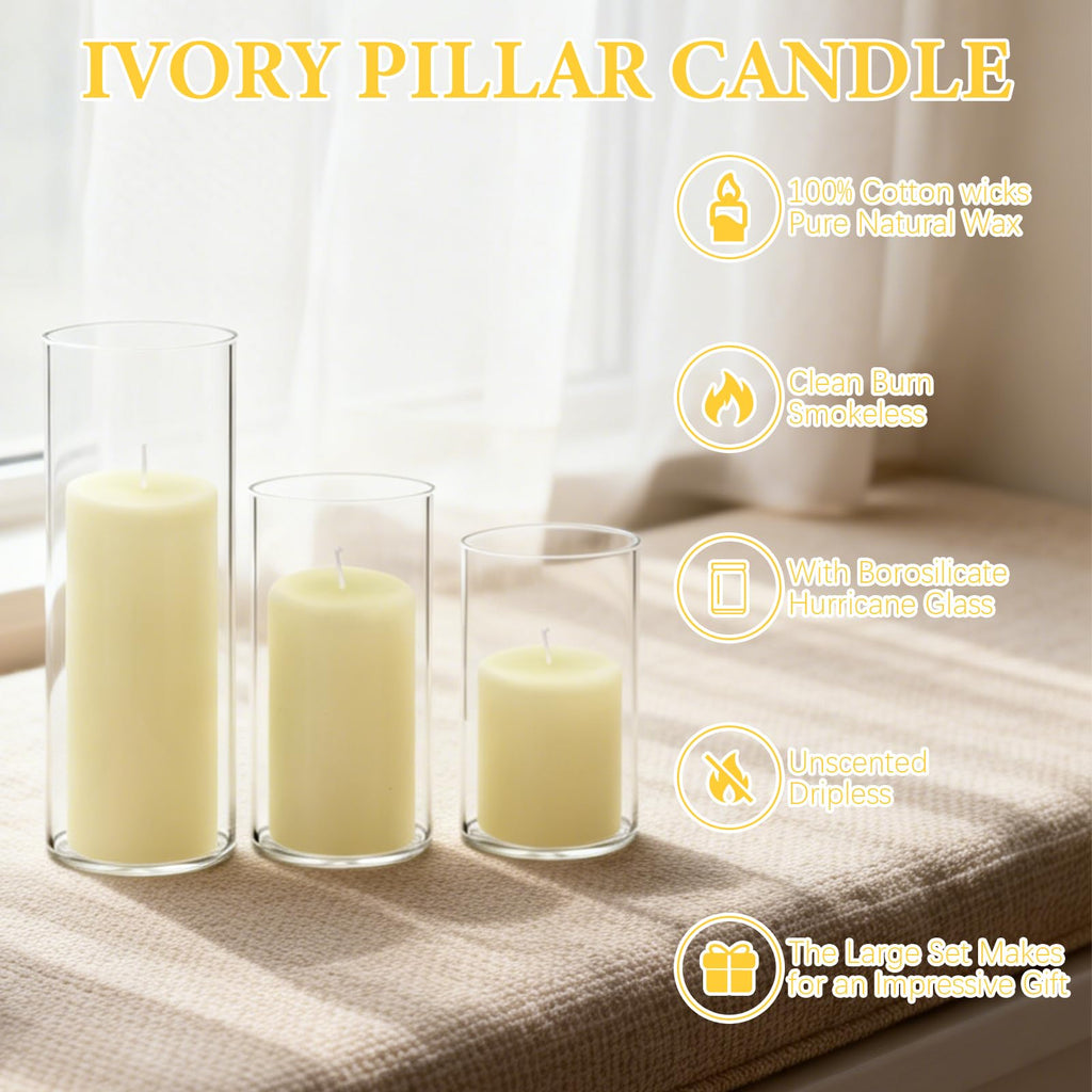 12-Pack Pillar Candles & 12-Pack Glass Cylinder Hurricane Candles Decor Set-Mixed Heights