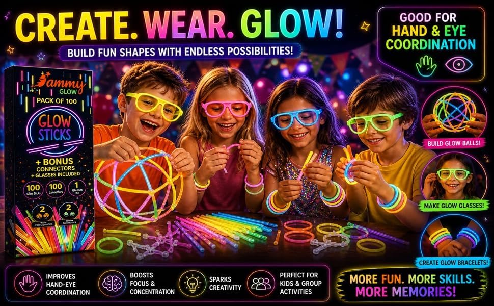 Ammy Glow Glow Sticks (205 Pcs Kit) Bulk Party Pack