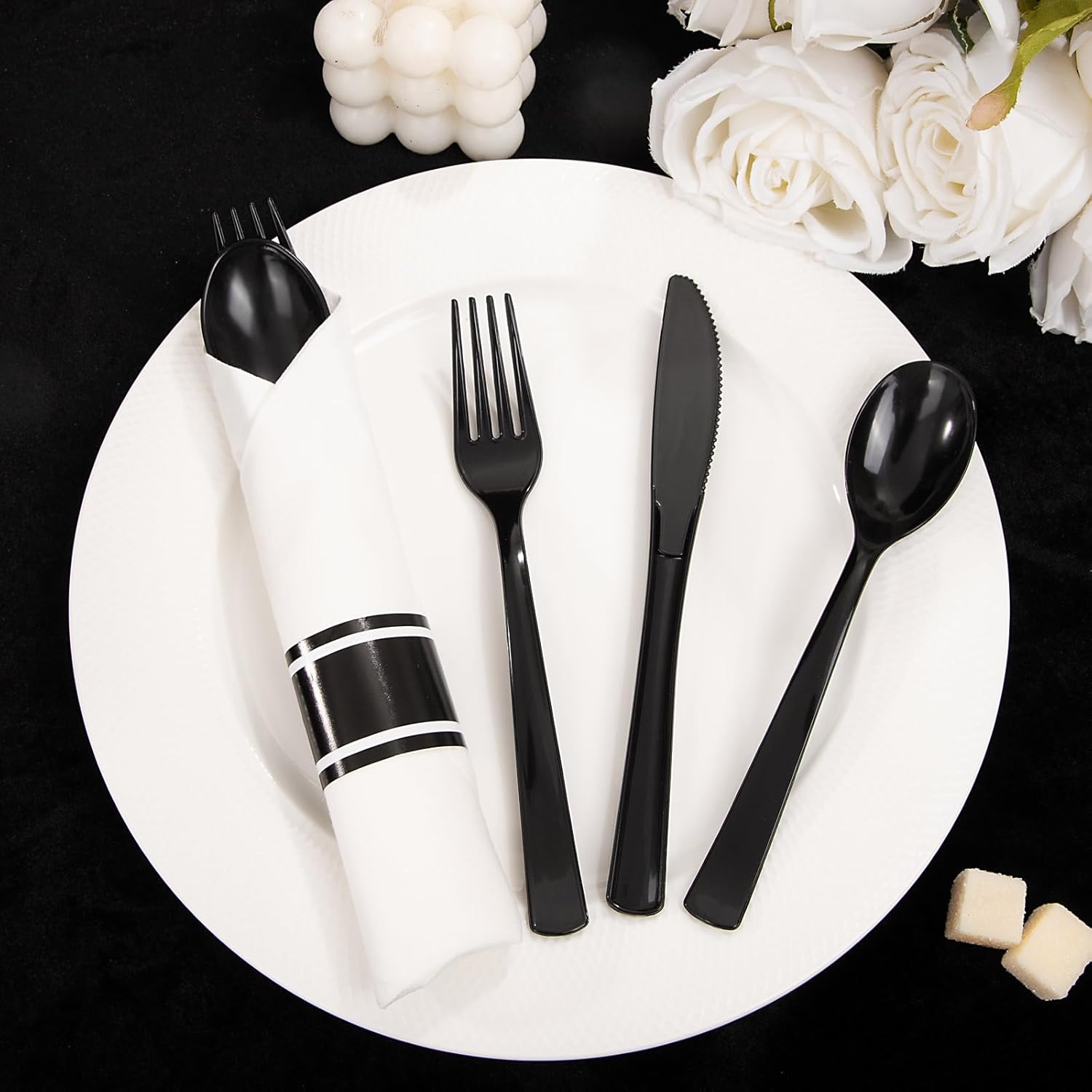120 Pack Black Plastic Silverware Rolled Silverware Disposable | Pre Rolled Silverware Set Disposable Wrapped Cutlery Set for Catering, Parties, Wedding, Birthday& Special Events