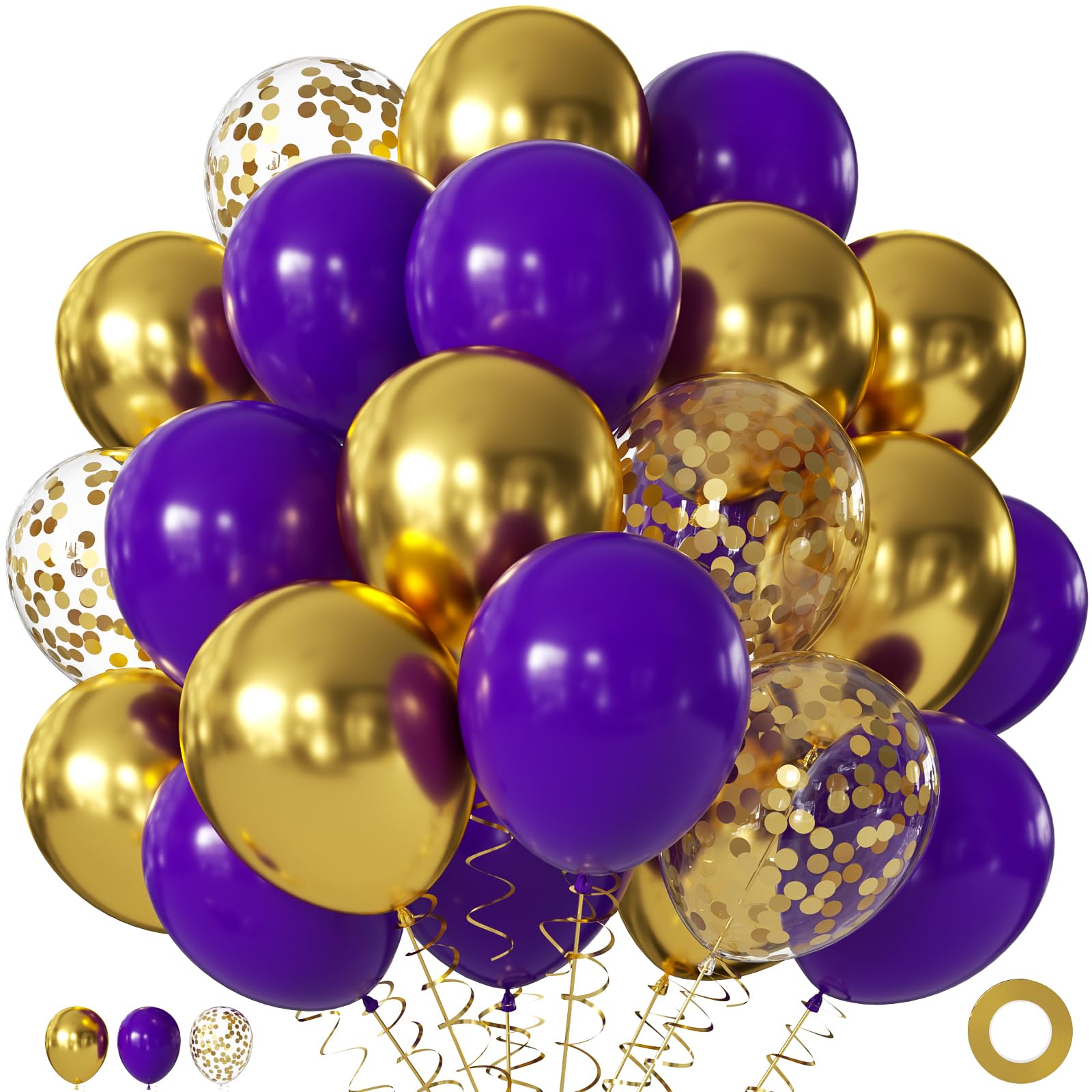 60Pc 12Inch Navy Blue, White and Gold Balloons with Metallic Gold Confetti Balloon