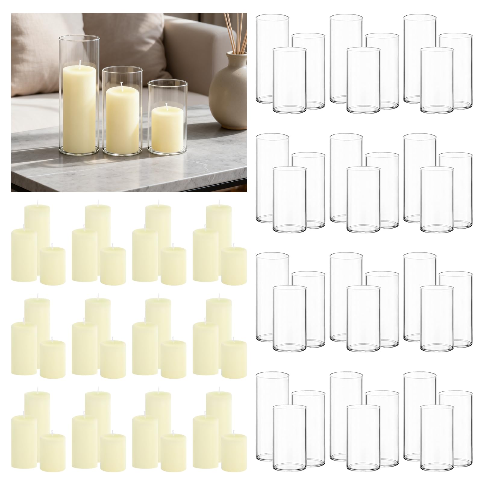 12-Pack Pillar Candles & 12-Pack Glass Cylinder Hurricane Candles Decor Set-Mixed Heights