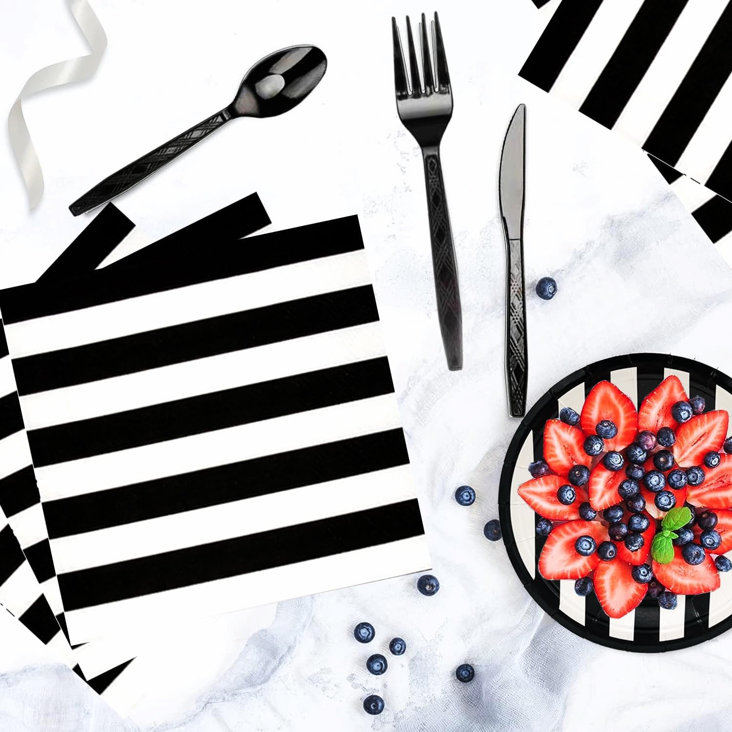 Serve25 175Pcs Black & White Striped Party Supplies - 9" & 7" Striped Paper Plates, Napkins, Cups, Cutlery for Black & White Birthday Party Decorations