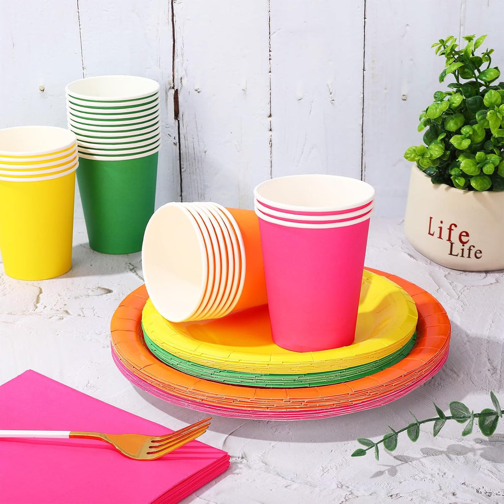 Whaline 244 Pcs Neon Party Supplies Set Include 7 & 9 Inch Rainbow Color Paper Plates Napkins 9oz Cups Disposable Dinnerware for Neon Glow Birthday Baby Shower Wedding Picnic Party, Serves 48 Guests