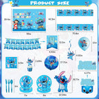 Blue Cartoon Theme Birthday Party Supplies Decorations, Including Birthday Banner, Tablecloth, Backdrop, Hanging Swirls, Balloons, Cake Toppers, Plates, Forks, Spoons for kawaii Party