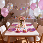 Purple Iridescent Paper Plates & Napkins Set, 75pcs Disposable Party Tableware with 9" Dinner Plates, 7" Dessert Plates & 6.5" Napkins, Holographic Dot Design for Birthday, Music Theme, Night Party