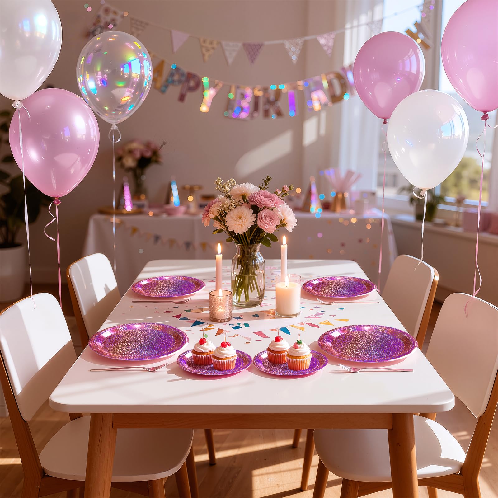 Purple Iridescent Paper Plates & Napkins Set, 75pcs Disposable Party Tableware with 9" Dinner Plates, 7" Dessert Plates & 6.5" Napkins, Holographic Dot Design for Birthday, Music Theme, Night Party