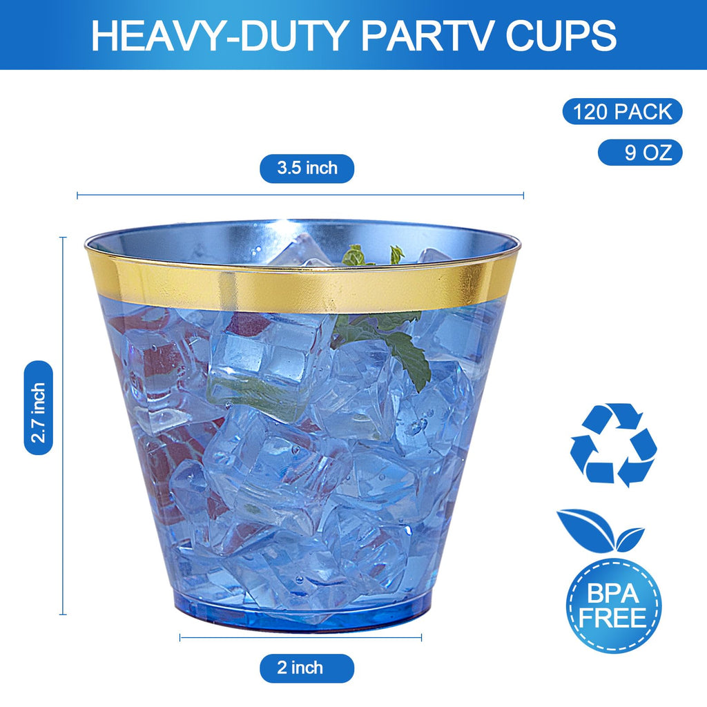 Nervure 120PC 9Oz Gold Rimmed Plastic Cups - Heavy Duty plastic