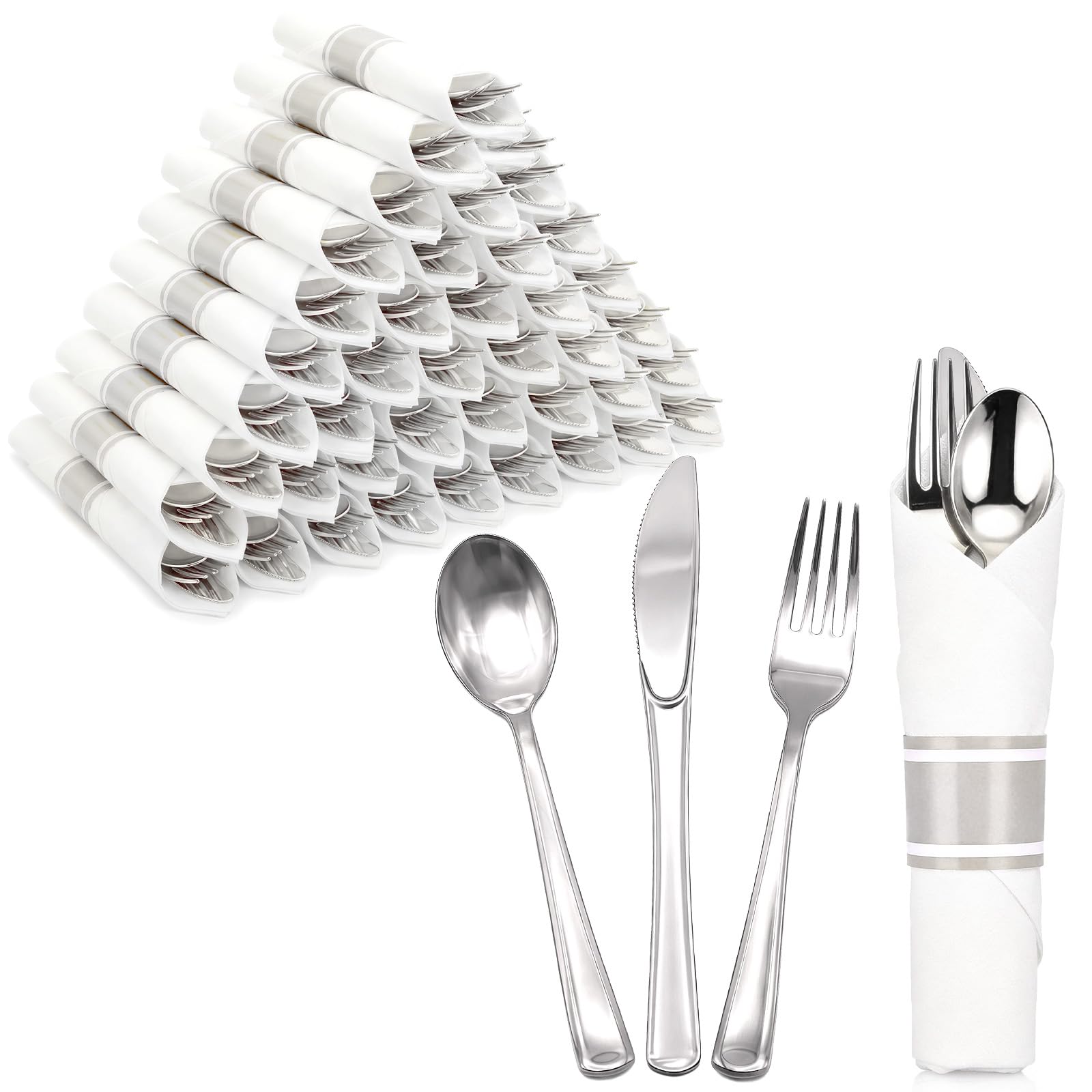 Gold Plastic Silverware 50 Guests Wrapped Cutlery Set Disposable | Pre Rolled Silverware Set Include 50 Forks,50 Knives,50 Spoons and 50 Napkins Heavy Duty Disposable Utensils for Party