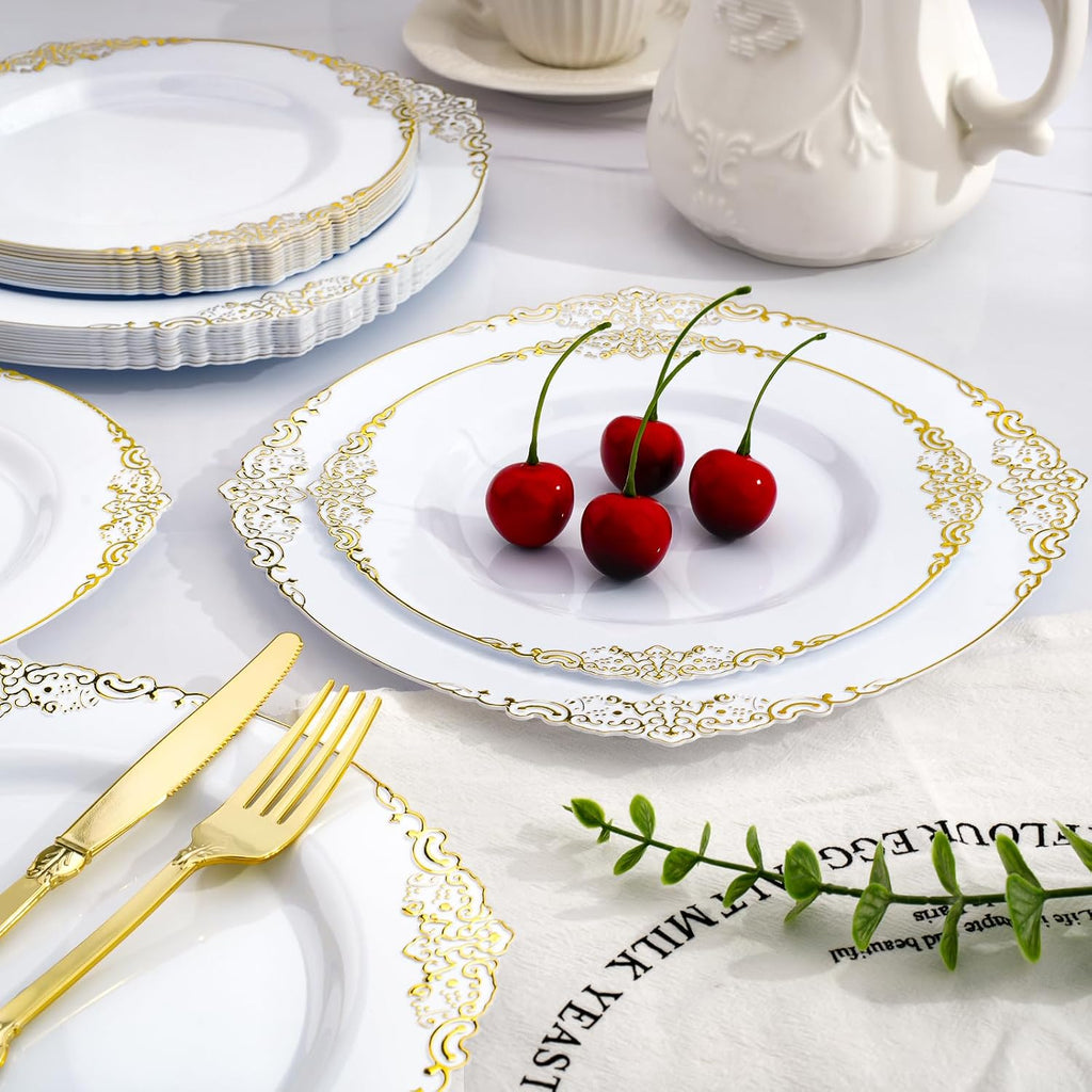 realluck 175 Piece Green and Gold Dinnerware Set for 25 Guests | Disposable Dinnerware Includes: 50 Disposable Plates, 75 Silverwares, 25 Cups, 25 Napkins for Party, Wedding, Graduation