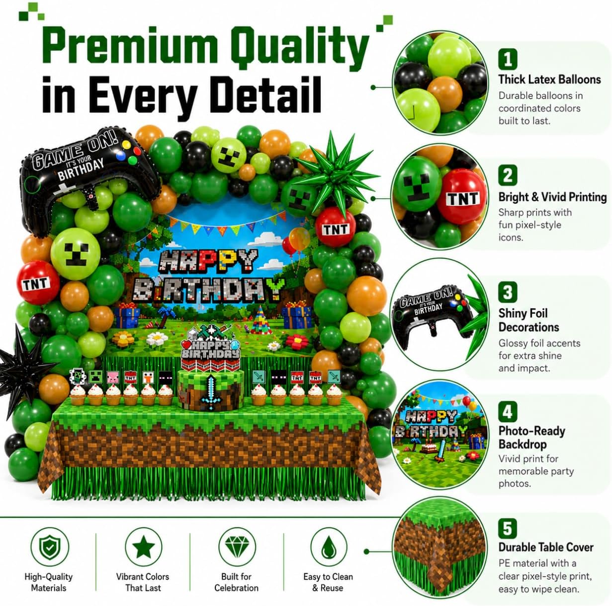Pixel Game Birthday Party Decorations, “Game On” Pixel Theme Party Supplies Kit for Boys & Girls —131 Pcs Balloons, Backdrop, Curtain, Table Cover, Cake Toppers