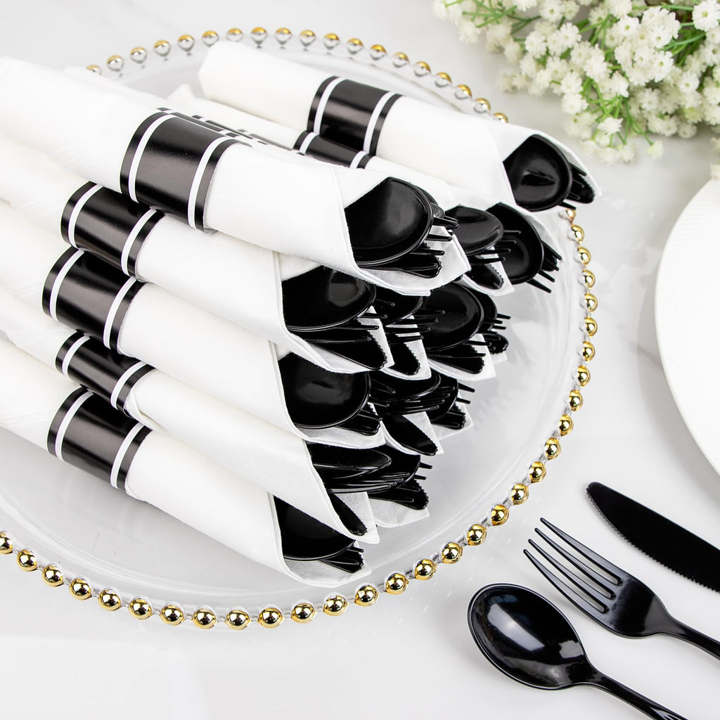120 Pack Black Plastic Silverware Rolled Silverware Disposable | Pre Rolled Silverware Set Disposable Wrapped Cutlery Set for Catering, Parties, Wedding, Birthday& Special Events