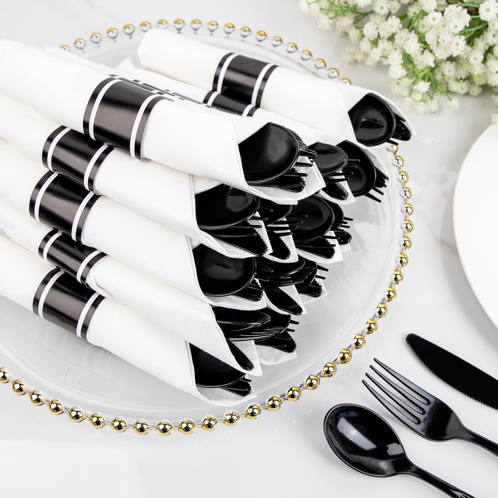 120 Pack Black Plastic Silverware Rolled Silverware Disposable | Pre Rolled Silverware Set Disposable Wrapped Cutlery Set for Catering, Parties, Wedding, Birthday& Special Events