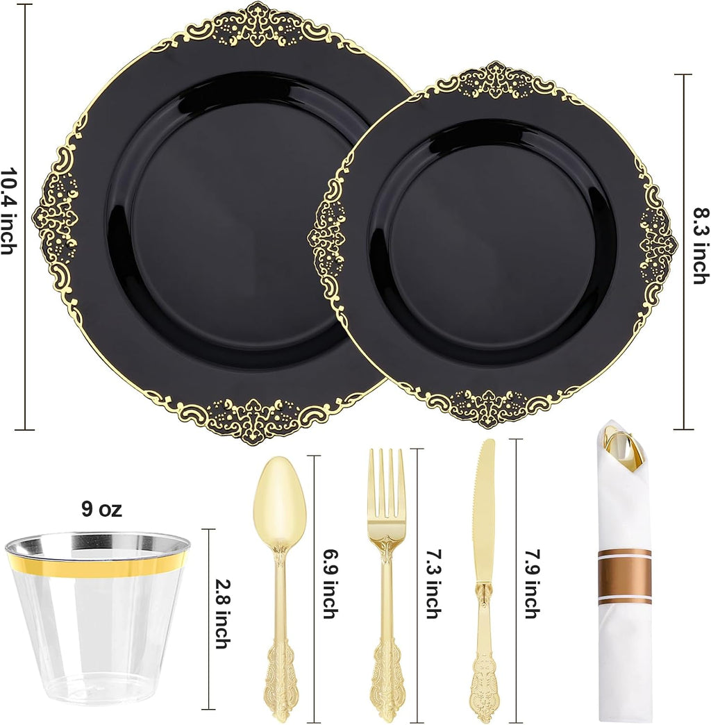 realluck 175 Piece Green and Gold Dinnerware Set for 25 Guests | Disposable Dinnerware Includes: 50 Disposable Plates, 75 Silverwares, 25 Cups, 25 Napkins for Party, Wedding, Graduation