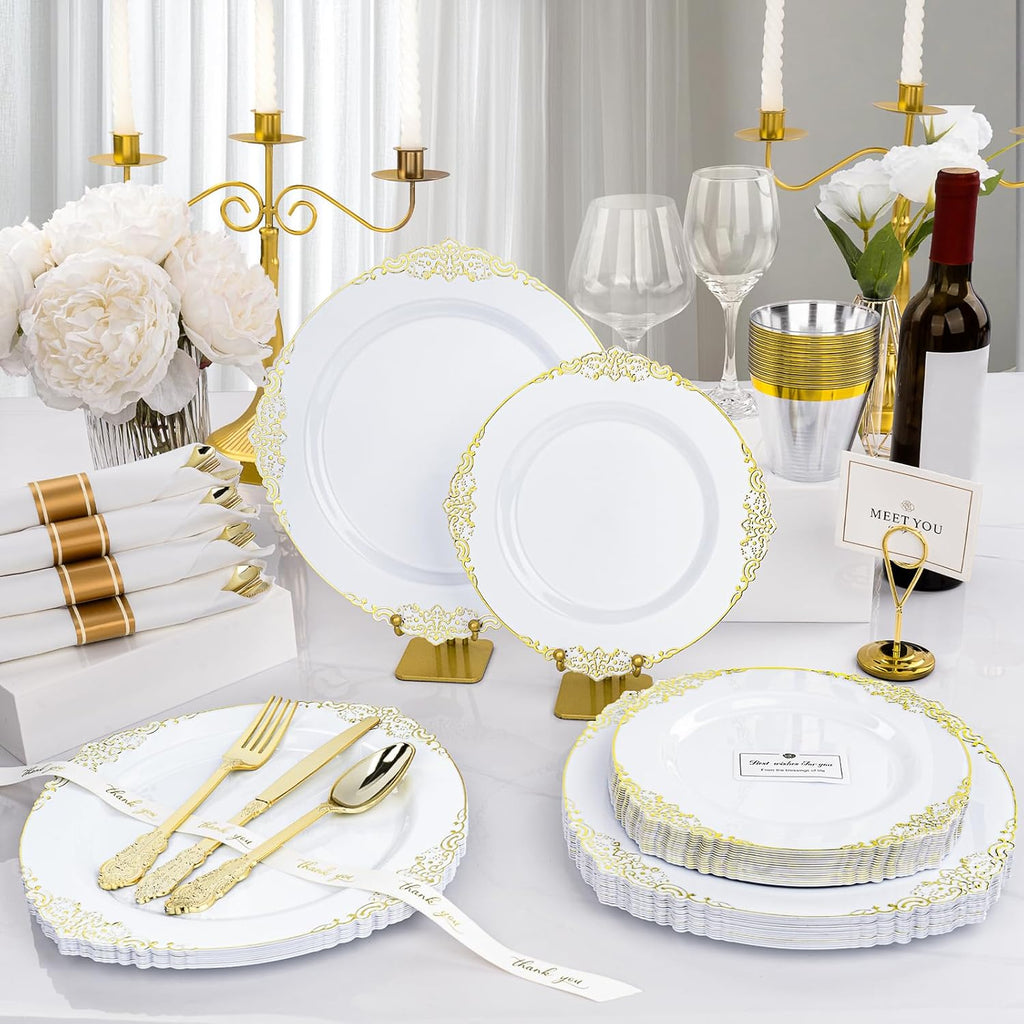 realluck 175 Piece Green and Gold Dinnerware Set for 25 Guests | Disposable Dinnerware Includes: 50 Disposable Plates, 75 Silverwares, 25 Cups, 25 Napkins for Party, Wedding, Graduation