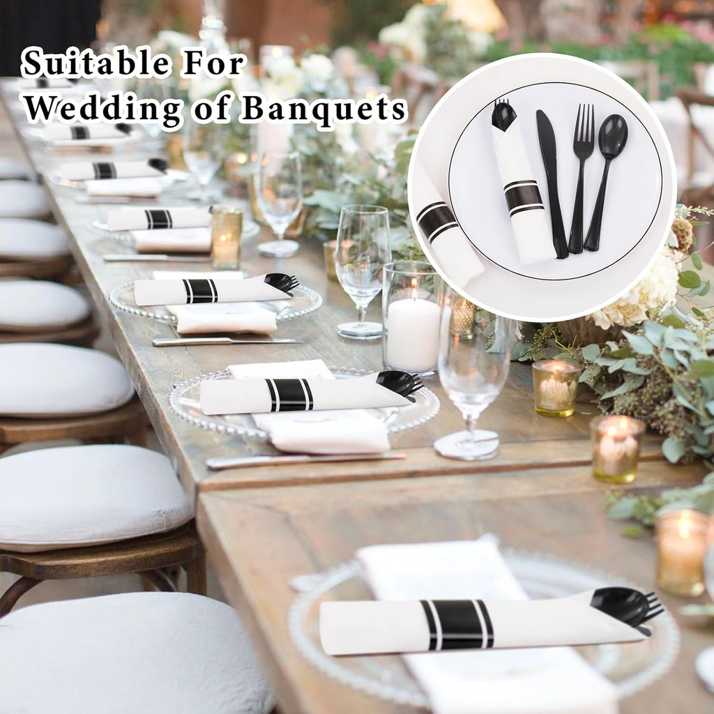 120 Pack Black Plastic Silverware Rolled Silverware Disposable | Pre Rolled Silverware Set Disposable Wrapped Cutlery Set for Catering, Parties, Wedding, Birthday& Special Events