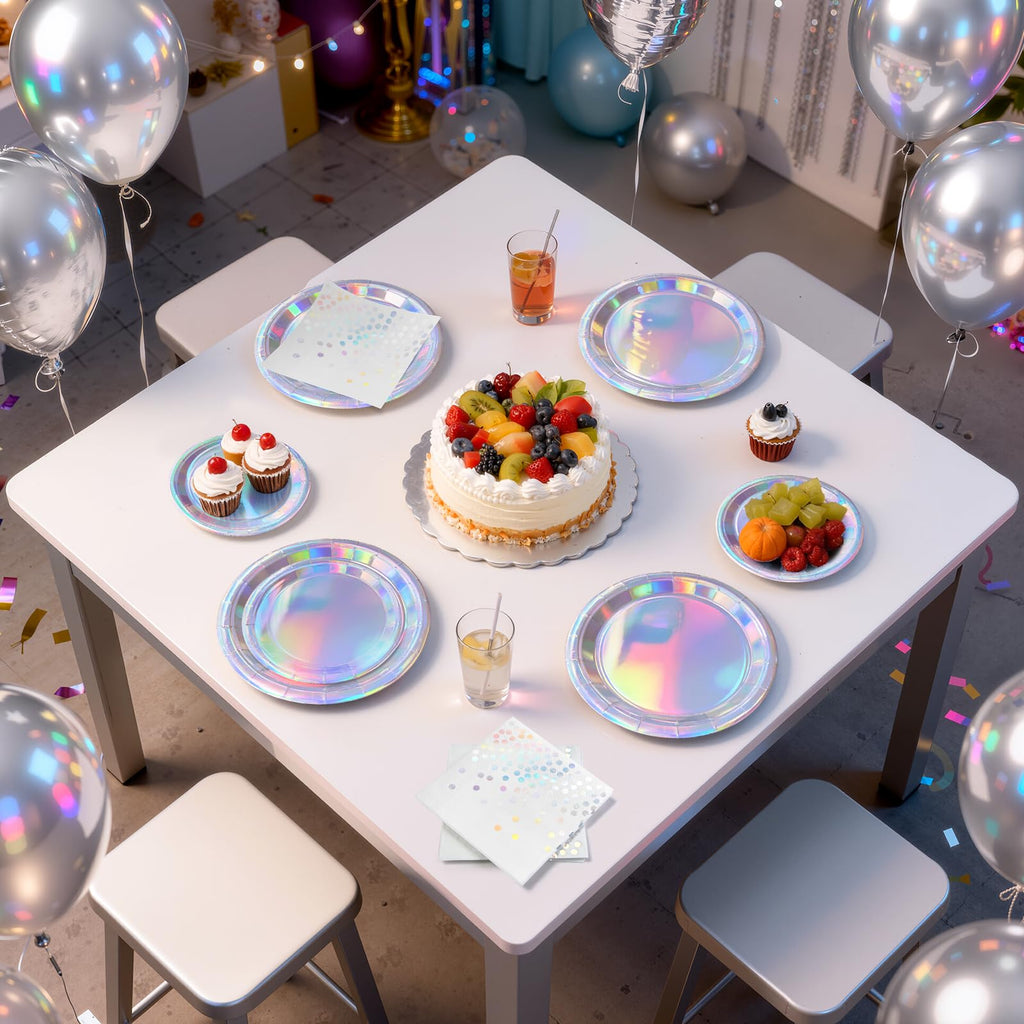 Purple Iridescent Paper Plates & Napkins Set, 75pcs Disposable Party Tableware with 9" Dinner Plates, 7" Dessert Plates & 6.5" Napkins, Holographic Dot Design for Birthday, Music Theme, Night Party