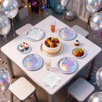 Purple Iridescent Paper Plates & Napkins Set, 75pcs Disposable Party Tableware with 9" Dinner Plates, 7" Dessert Plates & 6.5" Napkins, Holographic Dot Design for Birthday, Music Theme, Night Party