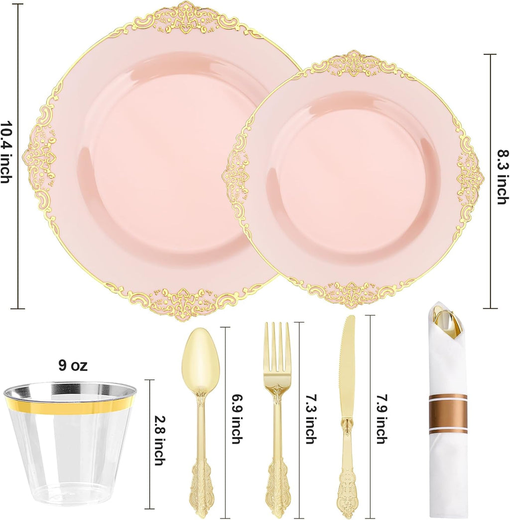 realluck 175 Piece Green and Gold Dinnerware Set for 25 Guests | Disposable Dinnerware Includes: 50 Disposable Plates, 75 Silverwares, 25 Cups, 25 Napkins for Party, Wedding, Graduation
