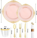 realluck 175 Piece Green and Gold Dinnerware Set for 25 Guests | Disposable Dinnerware Includes: 50 Disposable Plates, 75 Silverwares, 25 Cups, 25 Napkins for Party, Wedding, Graduation