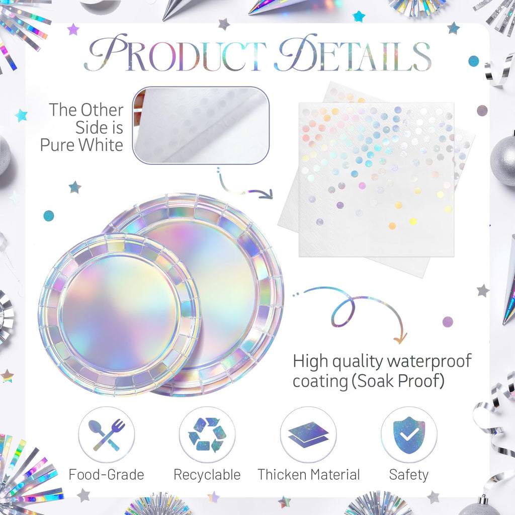 Purple Iridescent Paper Plates & Napkins Set, 75pcs Disposable Party Tableware with 9" Dinner Plates, 7" Dessert Plates & 6.5" Napkins, Holographic Dot Design for Birthday, Music Theme, Night Party