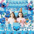 Blue Cartoon Theme Birthday Party Supplies Decorations, Including Birthday Banner, Tablecloth, Backdrop, Hanging Swirls, Balloons, Cake Toppers, Plates, Forks, Spoons for kawaii Party