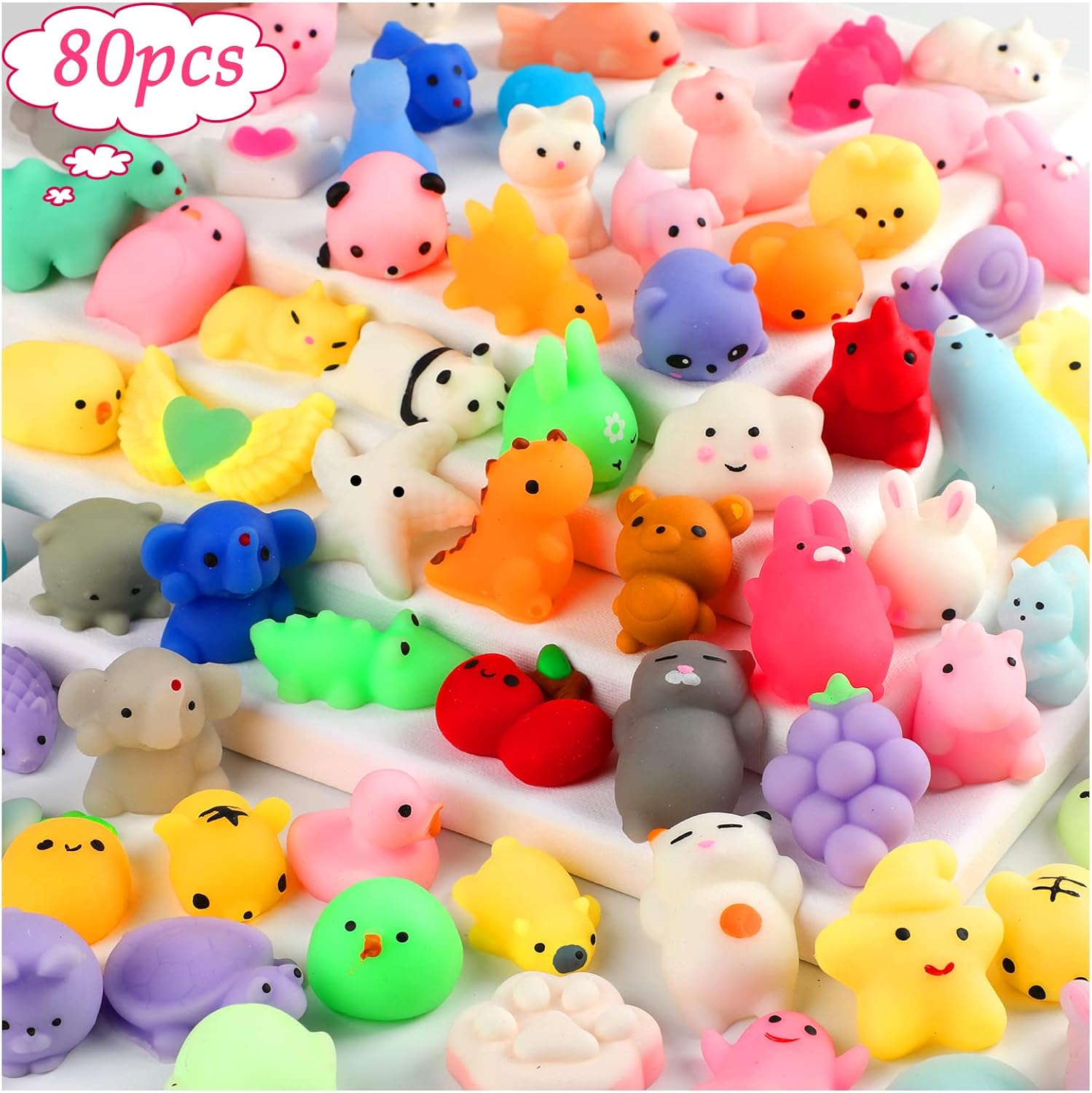 80pcs Mochi Squishy Toys, Mini Kawaii Squishies Fidget Toys for Adults | Squishies Party Favors for Kids Gift Easter Basket Stuffers Egg Fillers Birthday Classroom Prize Pinata Christmas Stocking