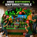 Pixel Game Birthday Party Decorations, “Game On” Pixel Theme Party Supplies Kit for Boys & Girls —131 Pcs Balloons, Backdrop, Curtain, Table Cover, Cake Toppers