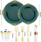 realluck 175 Piece Green and Gold Dinnerware Set for 25 Guests | Disposable Dinnerware Includes: 50 Disposable Plates, 75 Silverwares, 25 Cups, 25 Napkins for Party, Wedding, Graduation