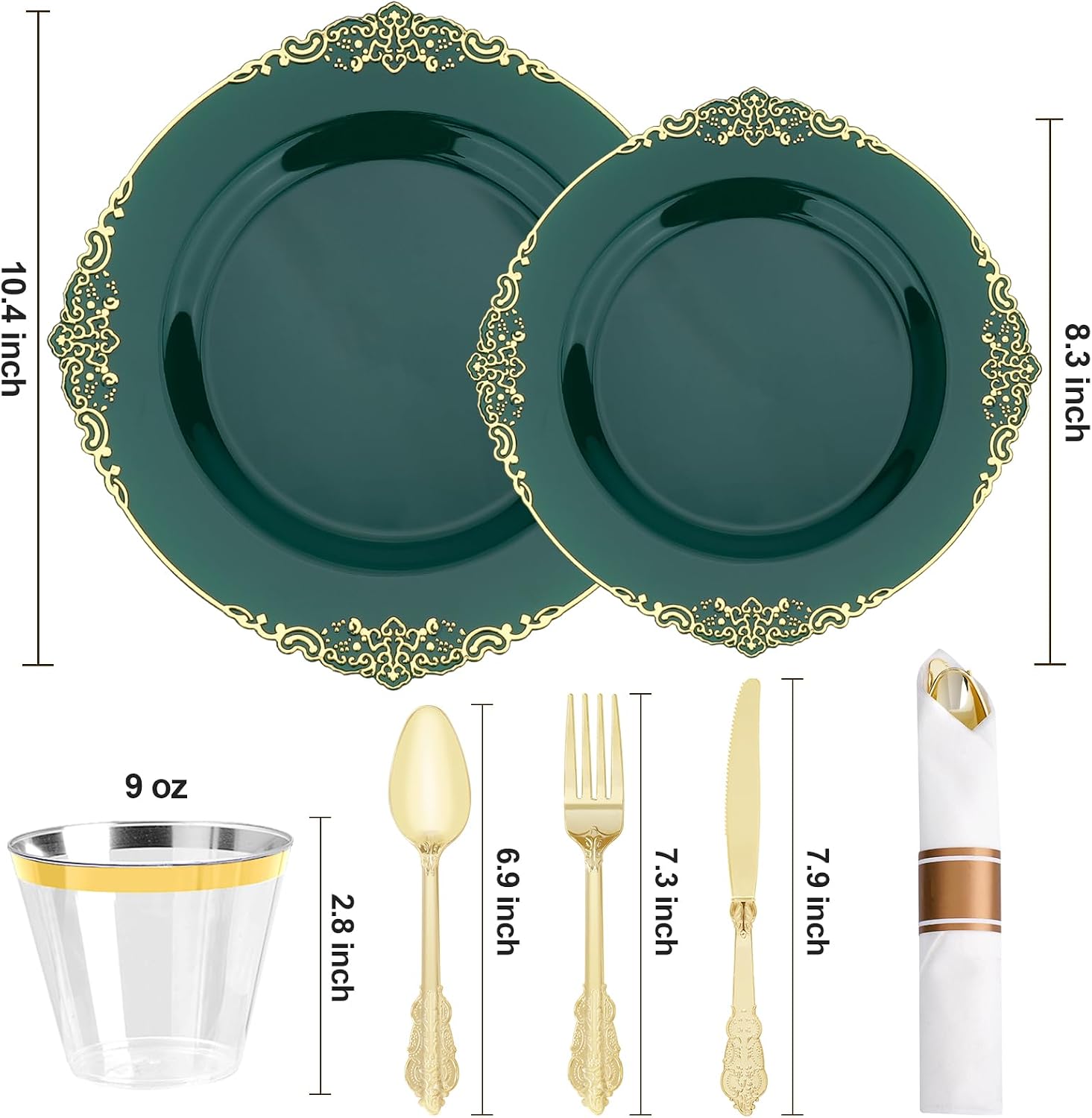 realluck 175 Piece Green and Gold Dinnerware Set for 25 Guests | Disposable Dinnerware Includes: 50 Disposable Plates, 75 Silverwares, 25 Cups, 25 Napkins for Party, Wedding, Graduation