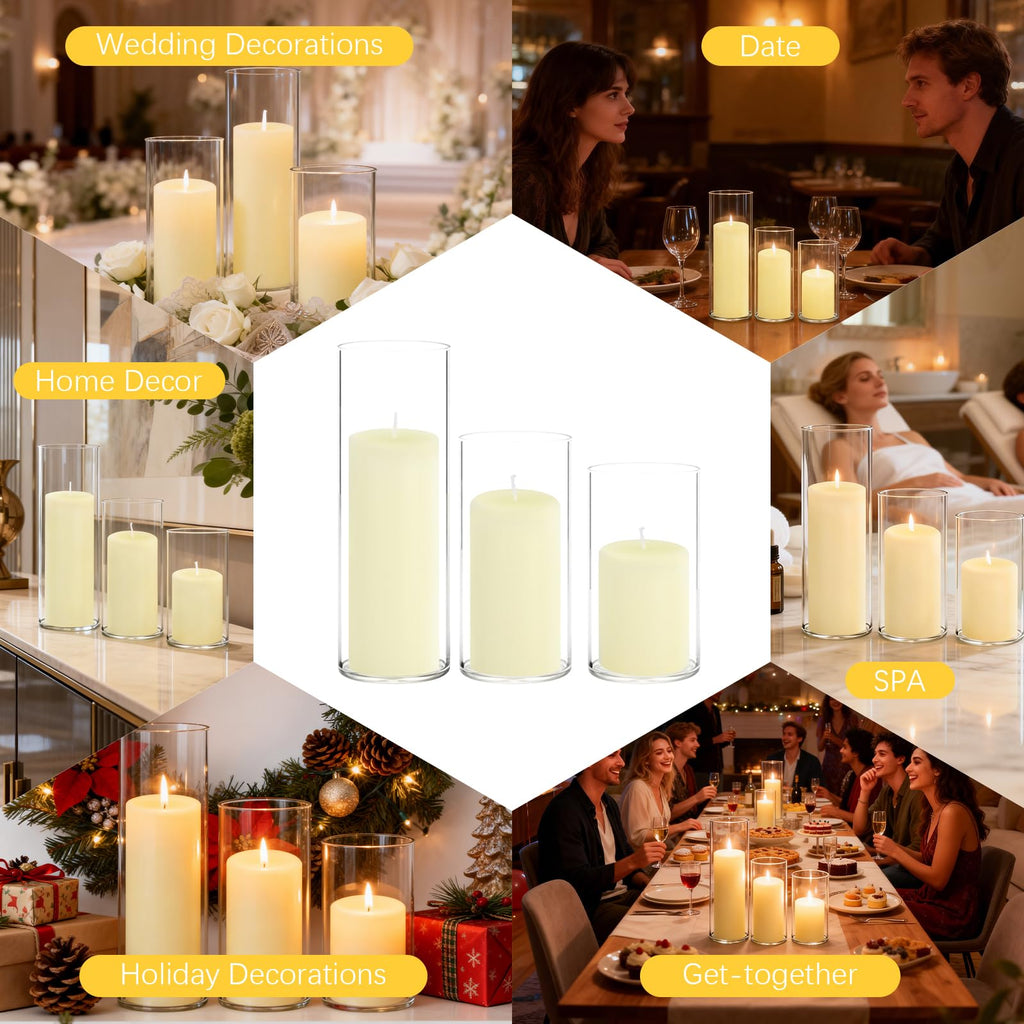 12-Pack Pillar Candles & 12-Pack Glass Cylinder Hurricane Candles Decor Set-Mixed Heights